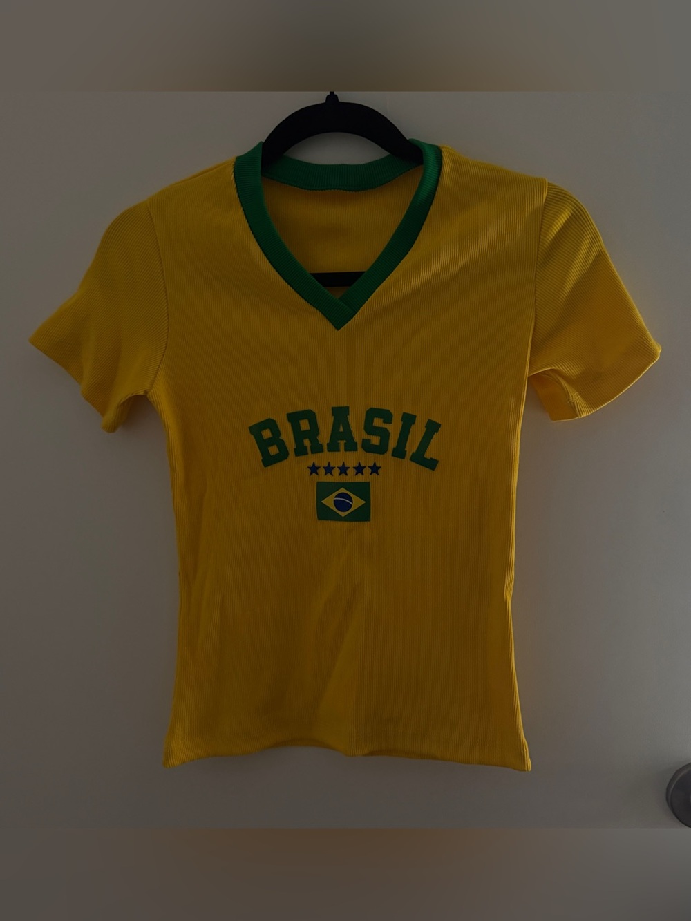 Brasil Yellow V-Neck Tee with Flag Graphic